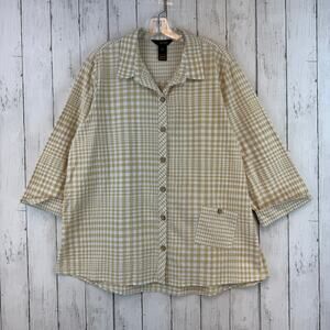 Ali Miles White/Tan Cotton Plaid Crinkle Tunic Artsy 3/4 Sleeve Shirt Size Large